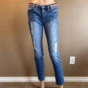 Mudd Juniors Skinny Jeans Size 7 Medium Wash Distressed Boho Waistband